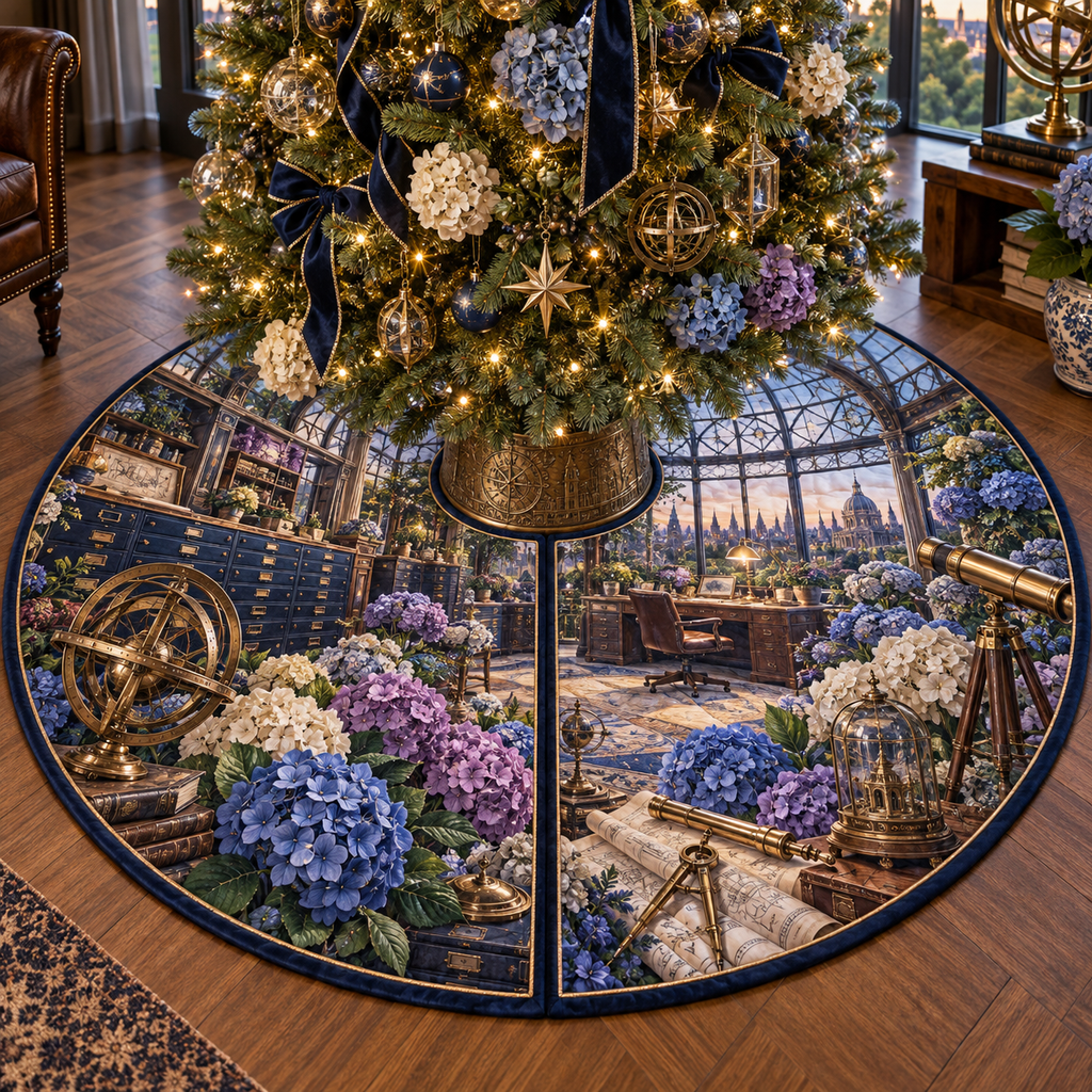 One tree skirt with a continuous hydrangea architect observatory, cobalt, cyan, violet and ivory blooms, brass drafting arcs, blueprints, telescopes and a deep city-garden view.