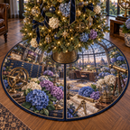 One tree skirt with a continuous hydrangea architect observatory, cobalt, cyan, violet and ivory blooms, brass drafting arcs, blueprints, telescopes and a deep city-garden view.