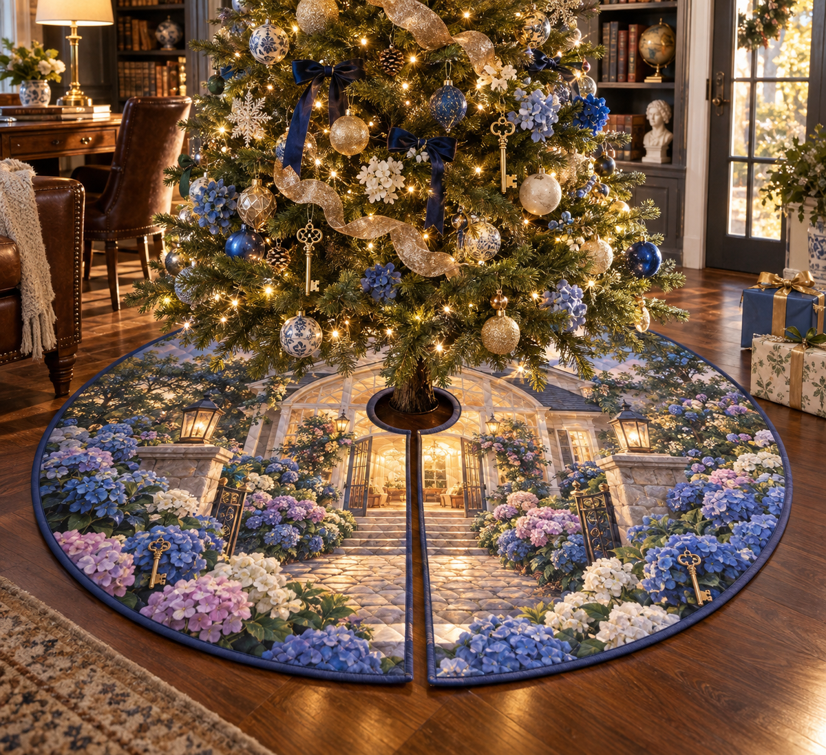 One tree skirt with a continuous hydrangea welcome manor, cobalt, periwinkle, lavender, blush and ivory blooms, brass keys, lanterns and a deep new-home entrance.