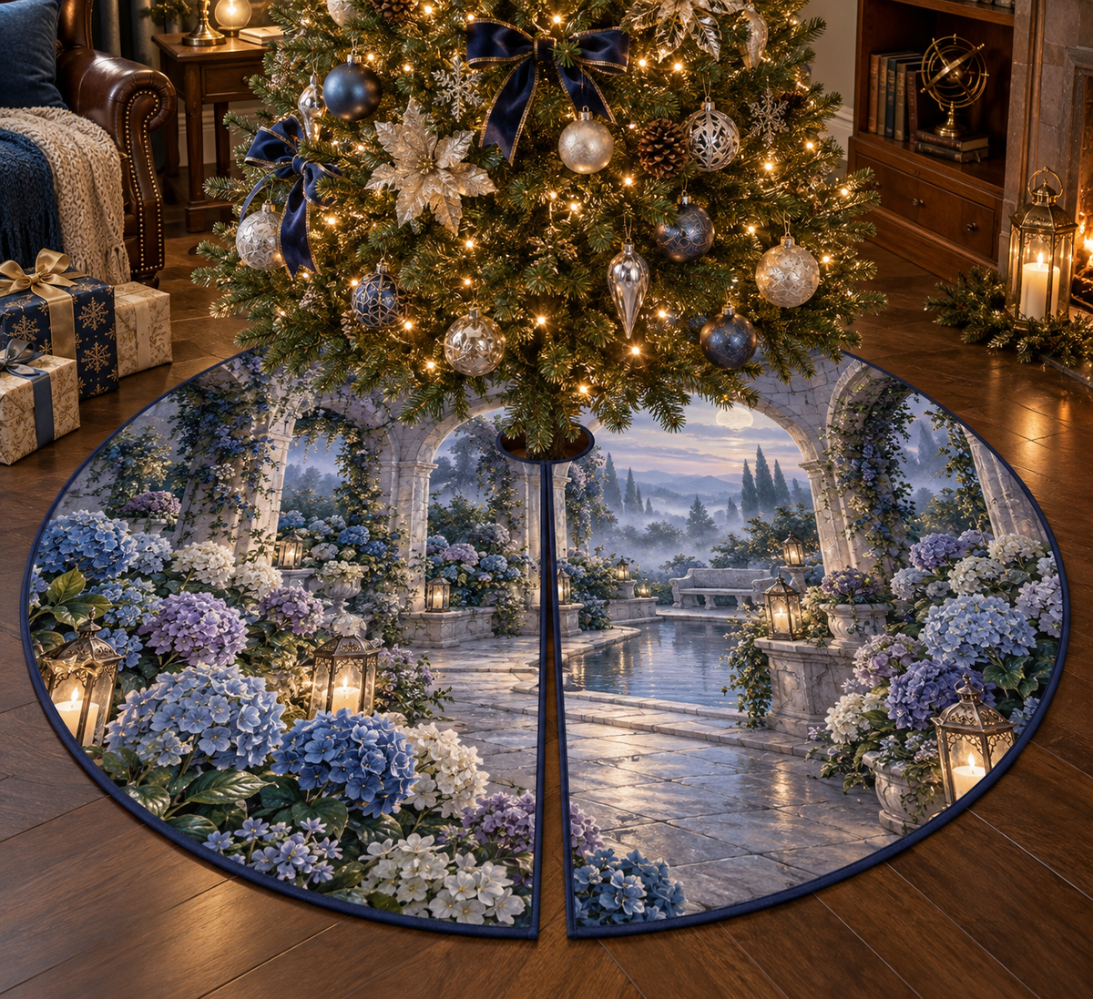 One tree skirt with a continuous moonlit hydrangea courtyard, indigo, mist-blue, pearl and dusty-lilac blooms, silver arches, lanterns, reflecting water and a secluded bench.