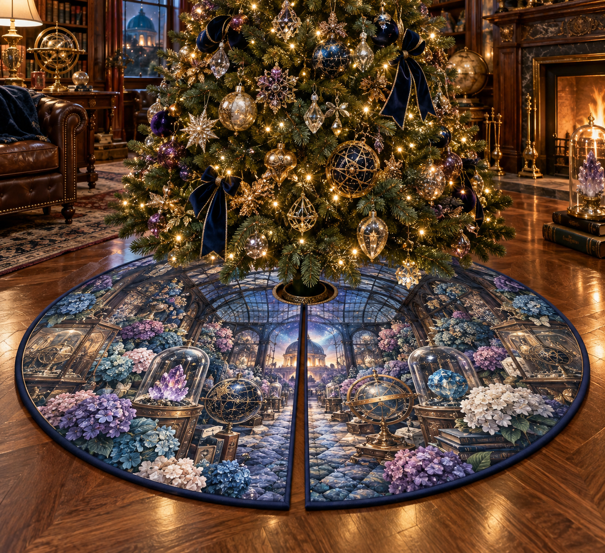 One tree skirt with a continuous hydrangea curio gallery, sapphire, amethyst, teal, blush and ivory blooms, crystals, brass vitrines, celestial globes and a distant observatory.