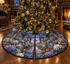 One tree skirt with a continuous hydrangea curio gallery, sapphire, amethyst, teal, blush and ivory blooms, crystals, brass vitrines, celestial globes and a distant observatory.
