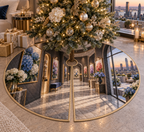One tree skirt with a continuous hydrangea perspective salon, cobalt, cyan, orchid, coral and ivory blooms, brass frames, sculptural niches and a distant skyline terrace.