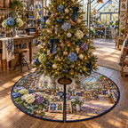 One tree skirt with a continuous hydrangea maker's lantern loft, cobalt, cornflower, violet, mint and ivory blooms, copper shelves, ceramic vessels, craft tools and a distant greenhouse workbench.