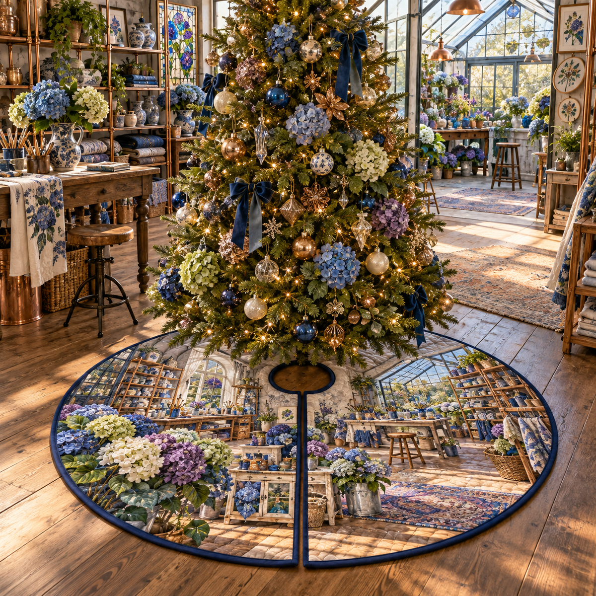 One tree skirt with a continuous hydrangea maker's lantern loft, cobalt, cornflower, violet, mint and ivory blooms, copper shelves, ceramic vessels, craft tools and a distant greenhouse workbench.