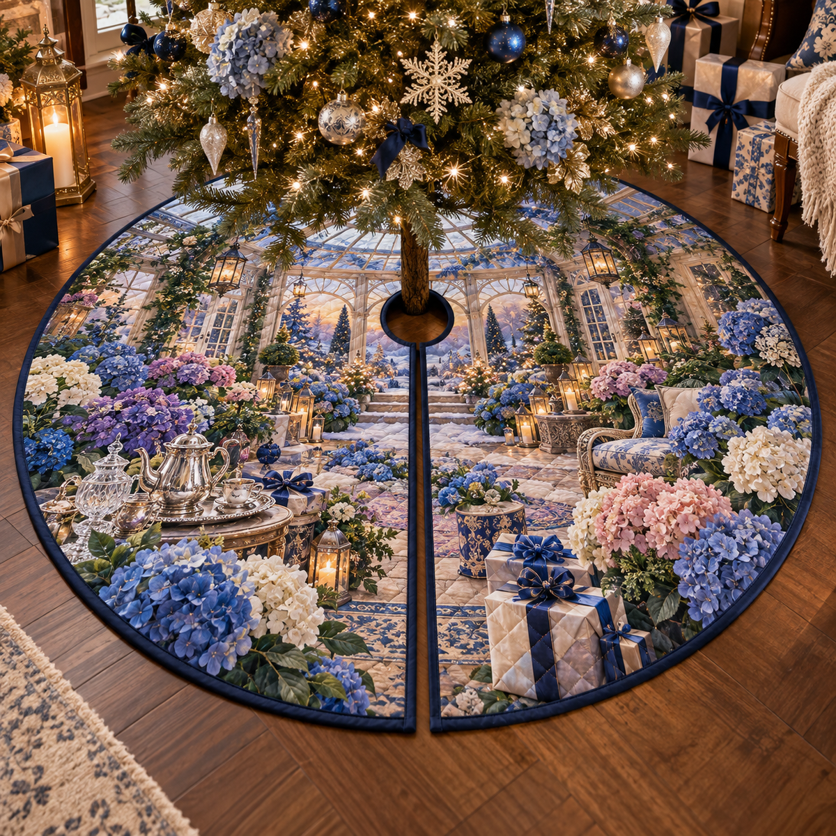 One tree skirt with a continuous gracious host conservatory, cobalt, cornflower, violet, blush and ivory hydrangeas, silver tea service, crystal, ribboned gifts and a glowing garden doorway.