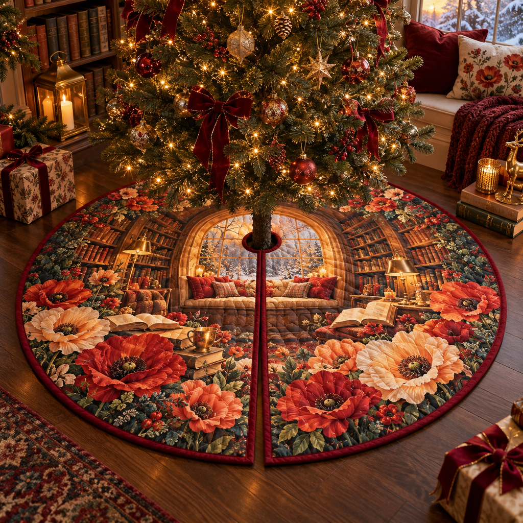 One tree skirt with a continuous poppy emberlight library alcove, scarlet, coral, apricot and cream blooms, curved walnut shelves, brass lamps and a distant sunset window seat.
