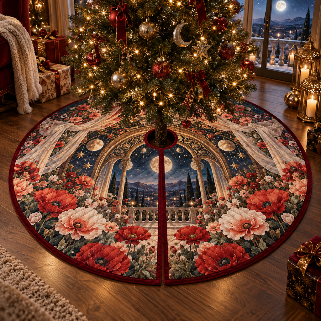 One tree skirt with a continuous poppy celestial canopy chamber, scarlet, coral, blush and ivory blooms, bronze arches, gauzy drapery, mirrored moons and a midnight meadow balcony.