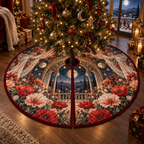 One tree skirt with a continuous poppy celestial canopy chamber, scarlet, coral, blush and ivory blooms, bronze arches, gauzy drapery, mirrored moons and a midnight meadow balcony.