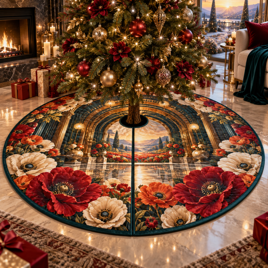 One tree skirt with a continuous poppy grand salon portal, ruby, vermilion, tangerine and ivory blooms, brass arches, dark teal glass, reflective floor and a distant meadow terrace.