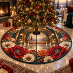 One tree skirt with a continuous poppy grand salon portal, ruby, vermilion, tangerine and ivory blooms, brass arches, dark teal glass, reflective floor and a distant meadow terrace.