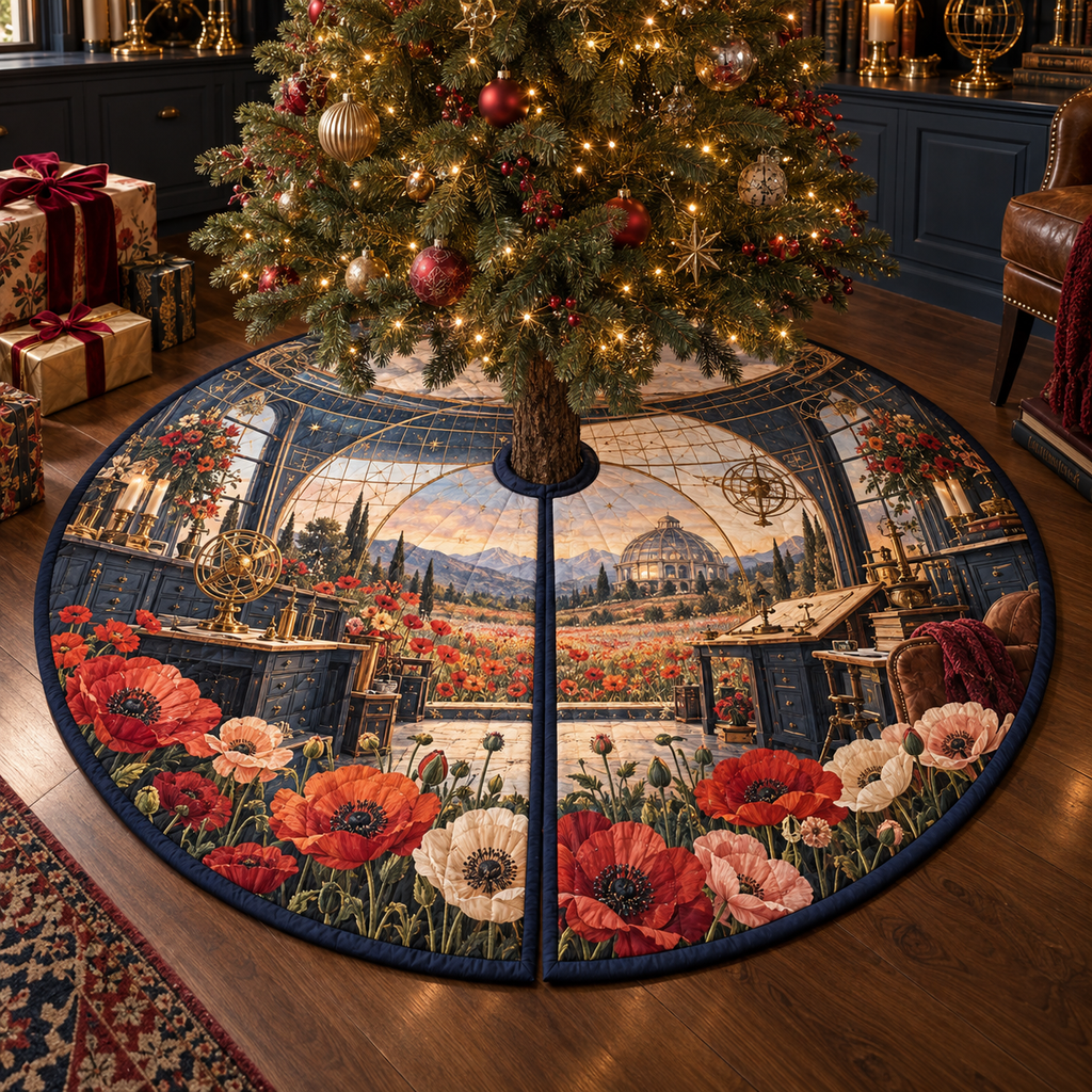 One tree skirt with a continuous poppy cartographer studio, scarlet, burnt-orange, blush and ivory blooms, brass map grids, midnight-blue cabinetry, a glass-roof mezzanine and a distant meadow observatory.
