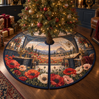 One tree skirt with a continuous poppy cartographer studio, scarlet, burnt-orange, blush and ivory blooms, brass map grids, midnight-blue cabinetry, a glass-roof mezzanine and a distant meadow observatory.