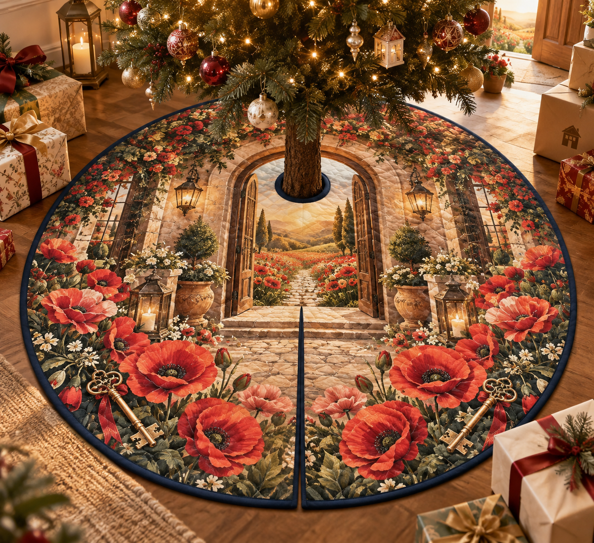 One tree skirt with a continuous poppy welcome house atrium, scarlet, burnt-orange, blush and ivory blooms, aged-brass keys, warm walnut doors, glowing lanterns, a garden path and a distant poppy meadow.