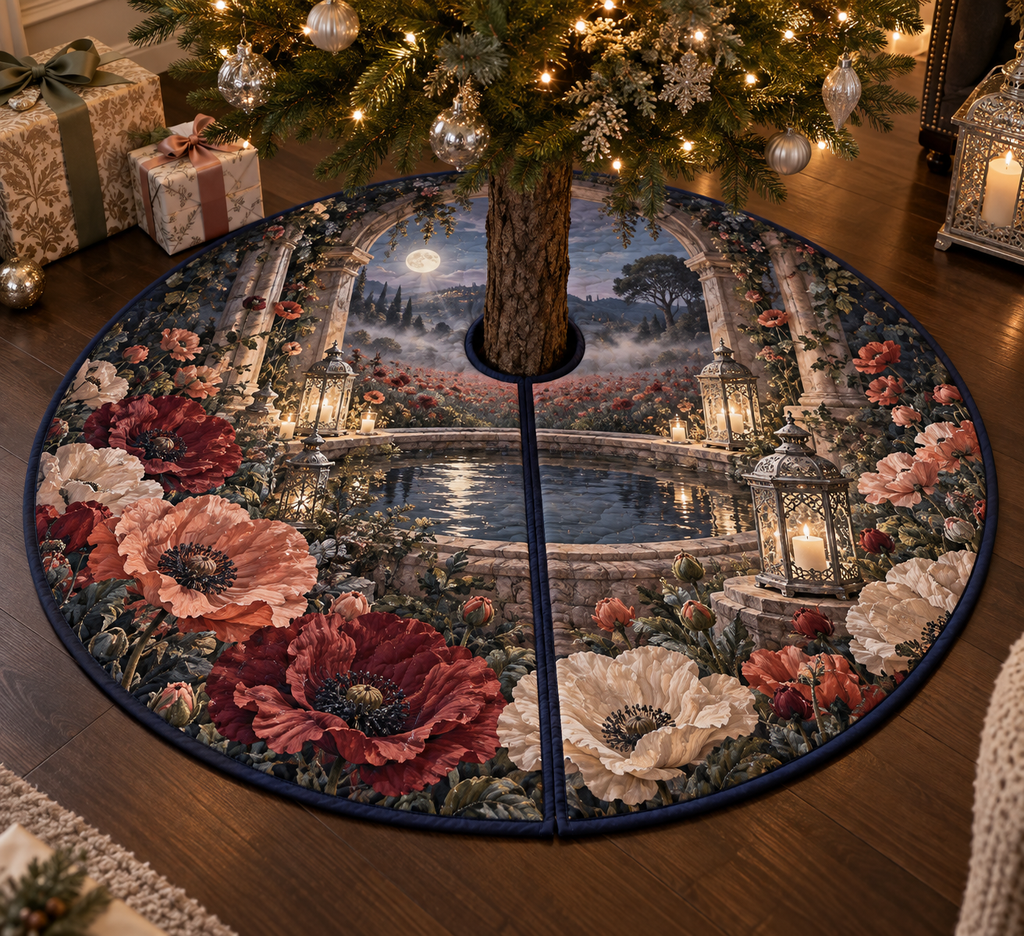 One tree skirt with a continuous poppy moonwell alcove, scarlet, burnt-orange, blush and ivory blooms, carved-stone arches, antique silver lanterns, a reflecting moonwell and a misty twilight meadow.