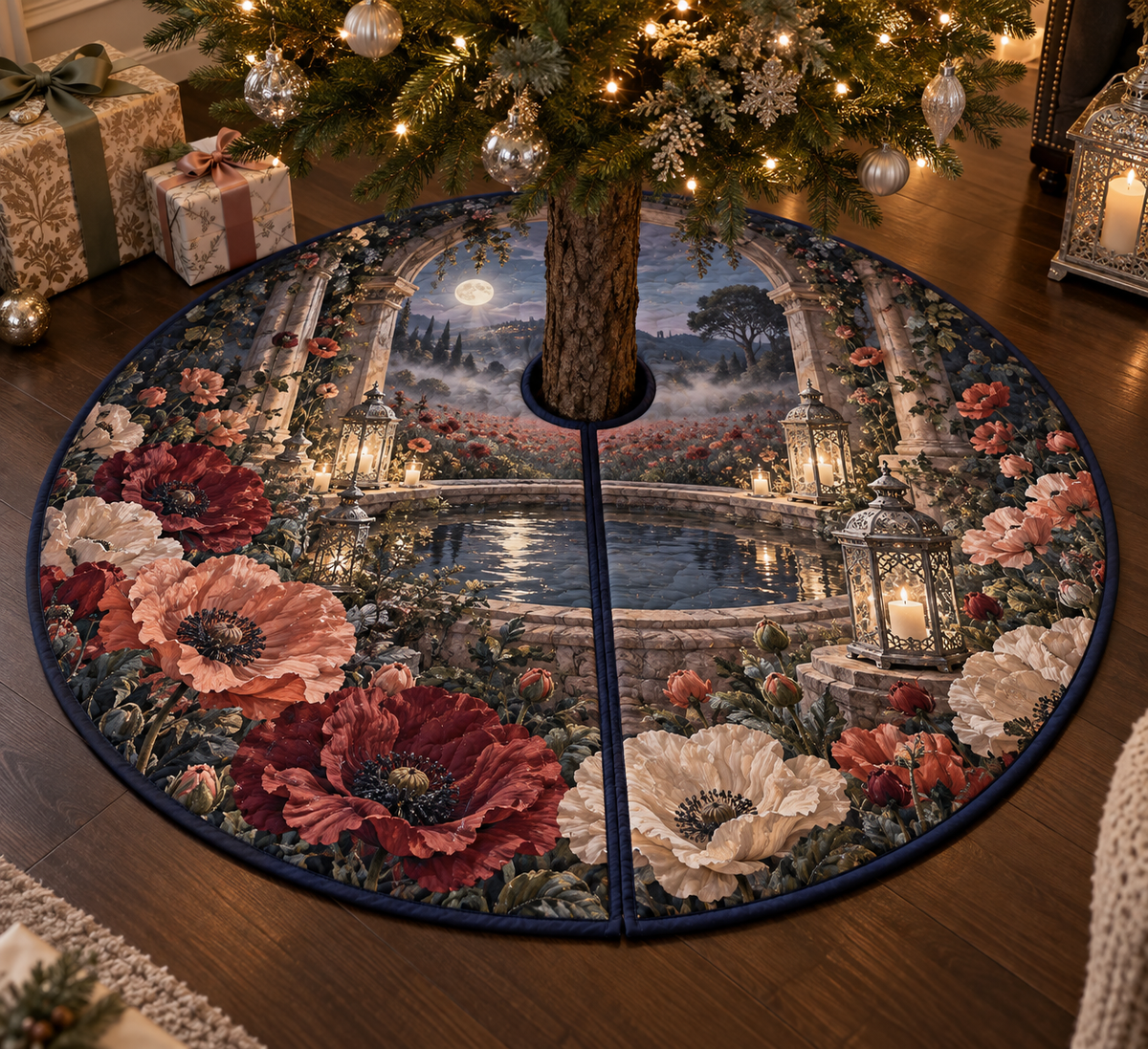 One tree skirt with a continuous poppy moonwell alcove, scarlet, burnt-orange, blush and ivory blooms, carved-stone arches, antique silver lanterns, a reflecting moonwell and a misty twilight meadow.