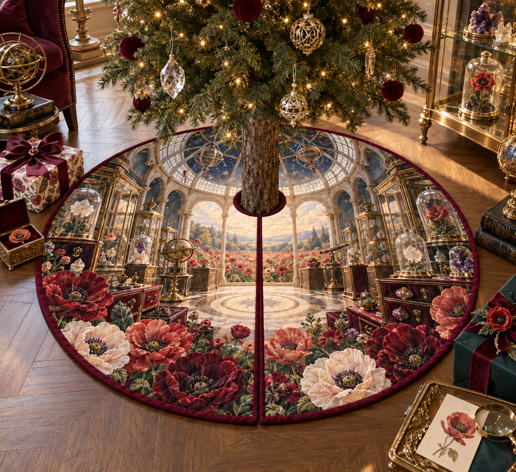 One tree skirt with a continuous poppy celestial curio vault, scarlet, burnt-orange, blush and ivory blooms, brass-and-glass vitrines, crystal specimens, celestial globes, a domed gallery and a distant poppy meadow.