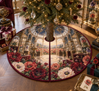 One tree skirt with a continuous poppy celestial curio vault, scarlet, burnt-orange, blush and ivory blooms, brass-and-glass vitrines, crystal specimens, celestial globes, a domed gallery and a distant poppy meadow.