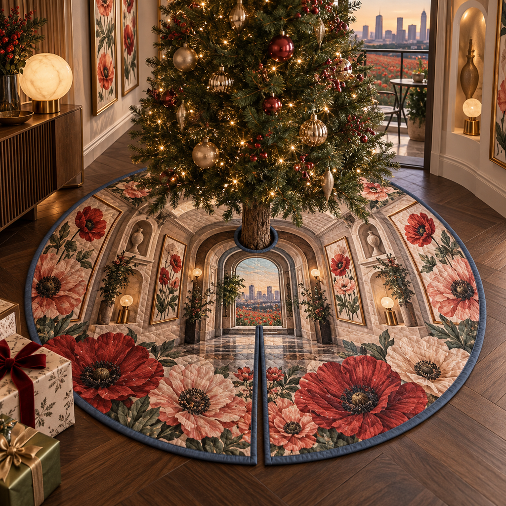 One tree skirt with a continuous poppy gilded gallery passage, crimson, dusty rose, coral and cream blooms, brass-framed botanical panels, sculptural niches, a compact balcony and a luminous city-meadow view.