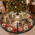 One tree skirt with a continuous poppy luminous maker atelier, ruby, coral, blush and cream blooms, vintage sewing machine, thread, scissors, pattern drawers, dress form, glass-roof studio and distant meadow.