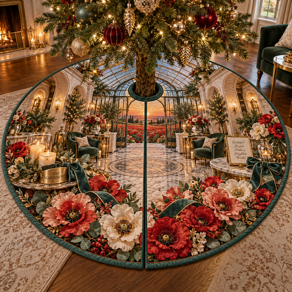 One tree skirt with a continuous poppy gracious welcome pavilion, ruby, coral, blush and cream blooms, silver serveware, champagne-brass arches, sage seating, candlelit table, glass pavilion and sunset meadow.