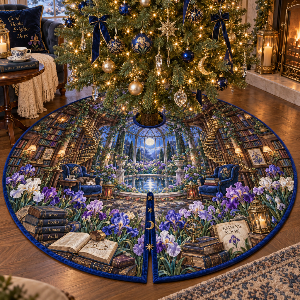 One tree skirt with a continuous iris moonlit story conservatory, violet, indigo, lavender and pearl blooms, antique books, brass spectacles, lanterns, walnut shelves, sapphire seating, glass conservatory and reflecting garden.