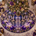 One tree skirt with a continuous iris celestial mirror palace, royal violet, amethyst, indigo and pearl blooms, faceted crystal lights, carved moon gates, mirrored arches, amethyst seating and reflecting garden.