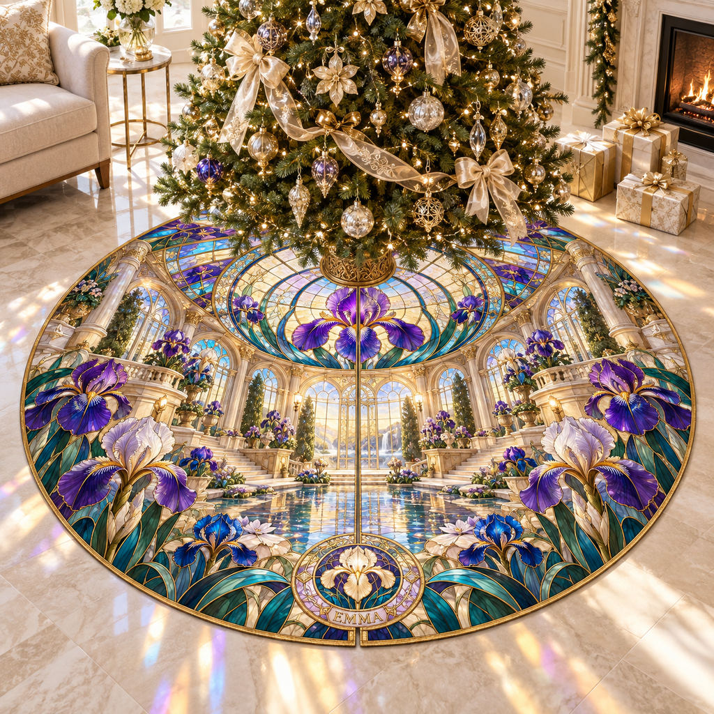 One tree skirt with a continuous iris Grand Prism Atrium, violet, cobalt and pearl blooms, peacock-teal leaves, amber-gold glass leading, limestone terraces, reflecting water and sunlit oculus.