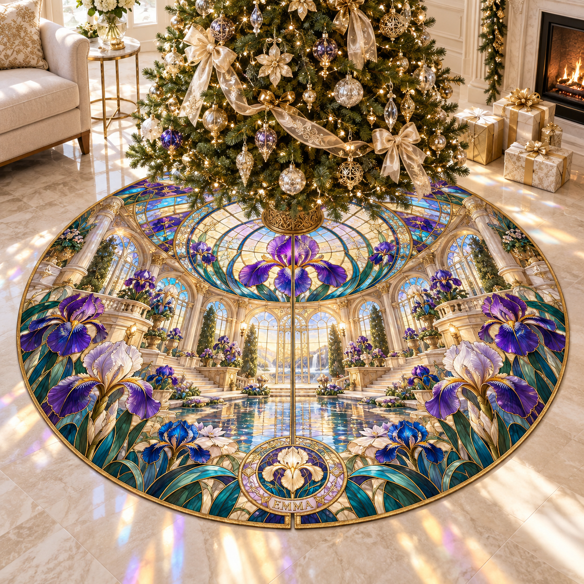 One tree skirt with a continuous iris Grand Prism Atrium, violet, cobalt and pearl blooms, peacock-teal leaves, amber-gold glass leading, limestone terraces, reflecting water and sunlit oculus.