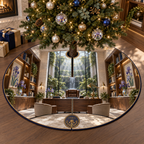 One tree skirt with a continuous iris executive lightwell studio, violet, cobalt and pearl blooms, walnut shelves, pale limestone, centered desk, brass task lamps, books, greenery and skylit garden.
