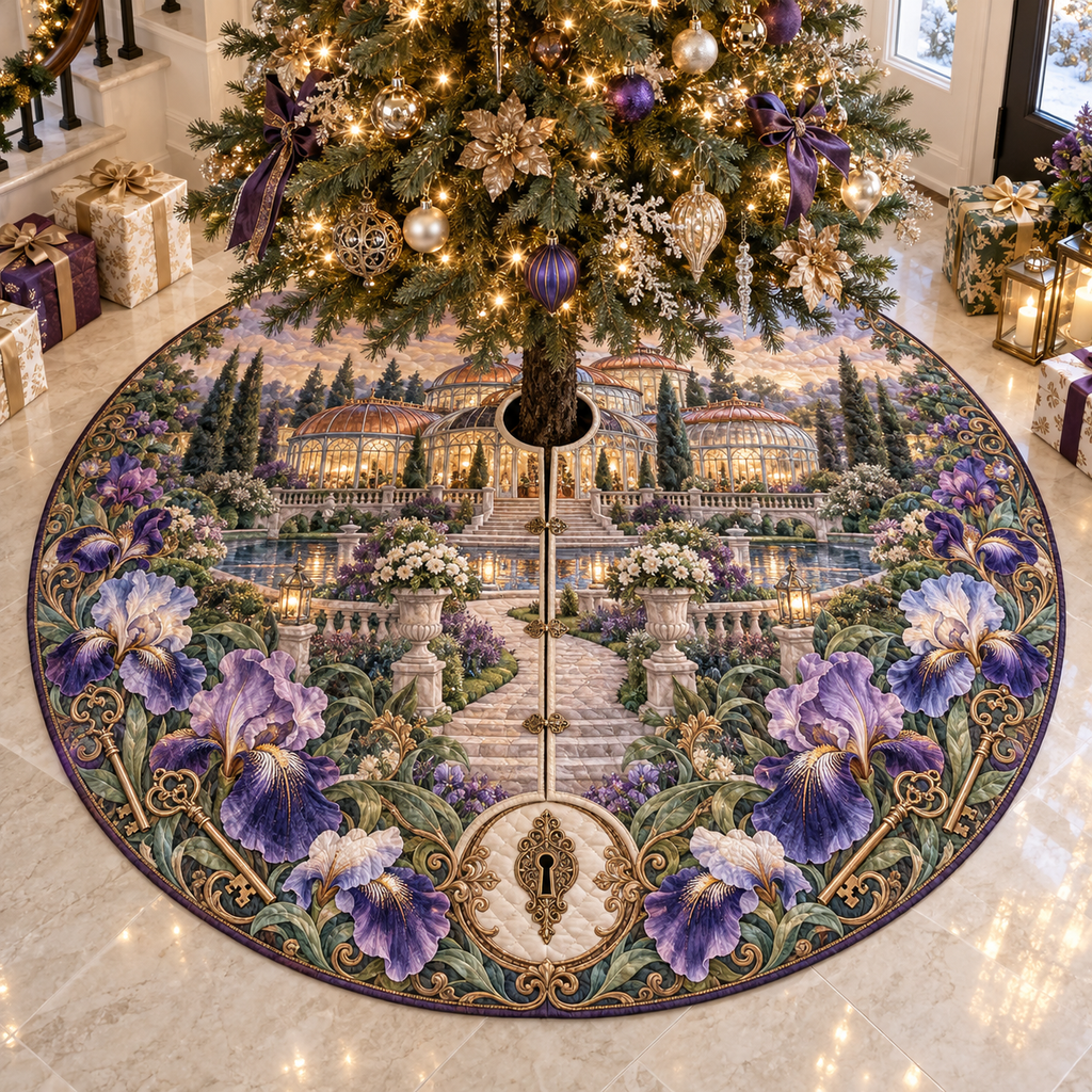 One tree skirt with a continuous iris Heirloom Keyhouse Estate, violet, cobalt and pearl blooms, antique brass keys, limestone terraces, winding path and copper-roofed conservatory home.