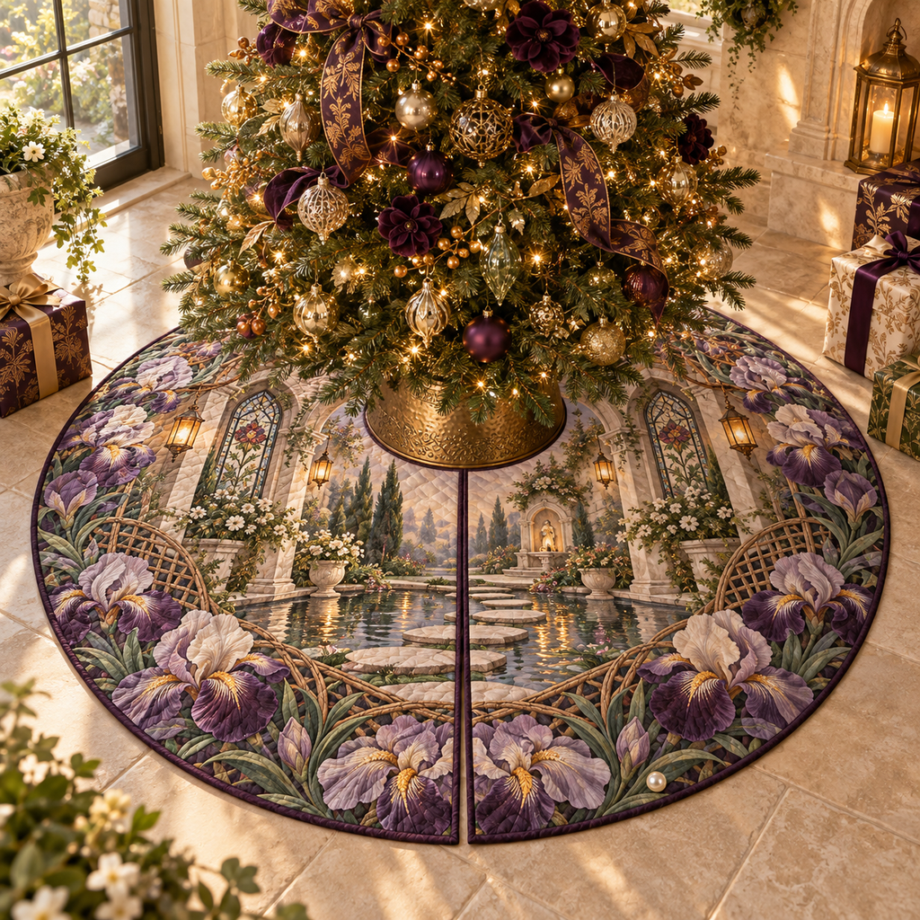 One tree skirt with a continuous iris Whisperlight Courtyard Alcove, aubergine, smoky lilac and pearl blooms, woven arches, amber lanterns, pale stone niches, stepping stones and reflecting pool.