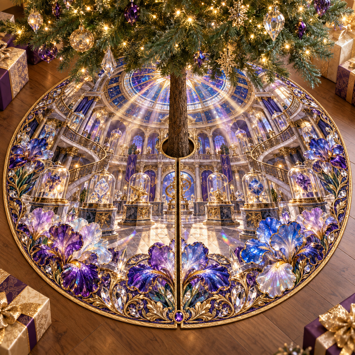 One tree skirt with a continuous iris Celestial Curio Gallery, blown-glass amethyst, cobalt and opal blooms, crystal plinths, brass vitrines, spiral balconies and star-prism oculus.