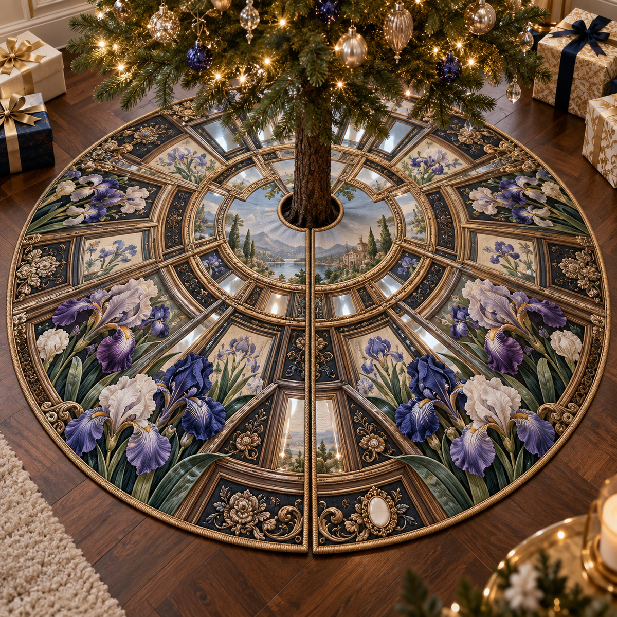 One tree skirt with a continuous iris Floating Frame Atelier, nested brass, walnut and bronze frames, bevelled mirrors, sculptural violet blooms and a luminous sage-blue gallery portal.