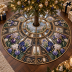 One tree skirt with a continuous iris Floating Frame Atelier, nested brass, walnut and bronze frames, bevelled mirrors, sculptural violet blooms and a luminous sage-blue gallery portal.