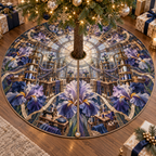 One tree skirt with a continuous Iris Indigo Threadhouse, embroidered violet and pearl blooms, brass bobbin towers, thread bridges, sewing stations and a luminous glass-roof maker loft.