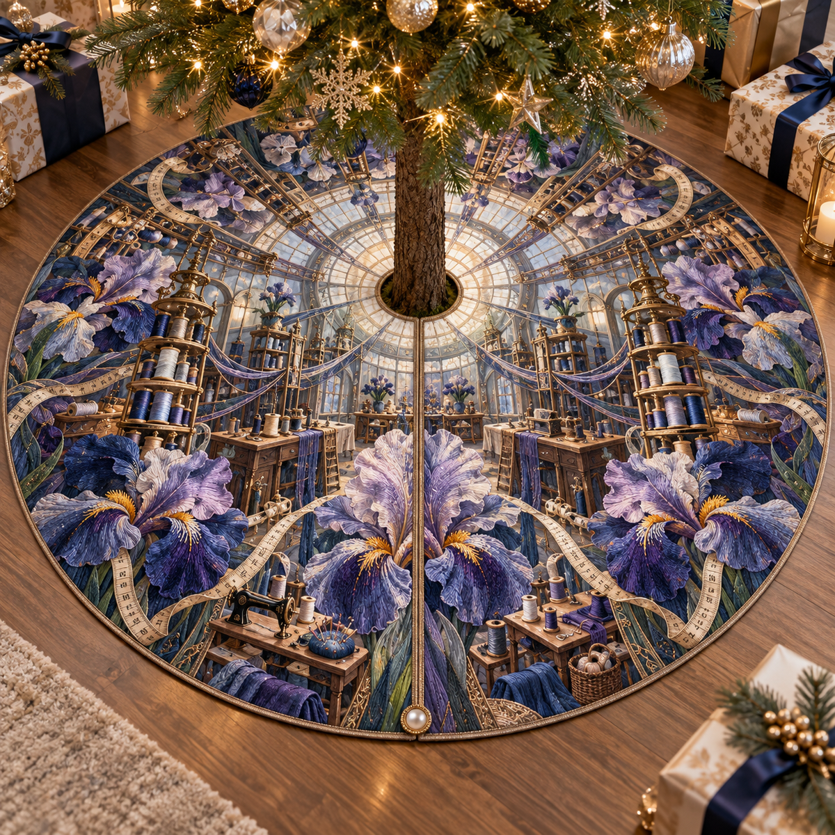 One tree skirt with a continuous Iris Indigo Threadhouse, embroidered violet and pearl blooms, brass bobbin towers, thread bridges, sewing stations and a luminous glass-roof maker loft.