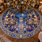 One tree skirt with a continuous Iris Silverleaf Supper Terrace, violet and pearl blooms, silver trellises, serving trays, candlelit tables and a moonlit lakeside pavilion.
