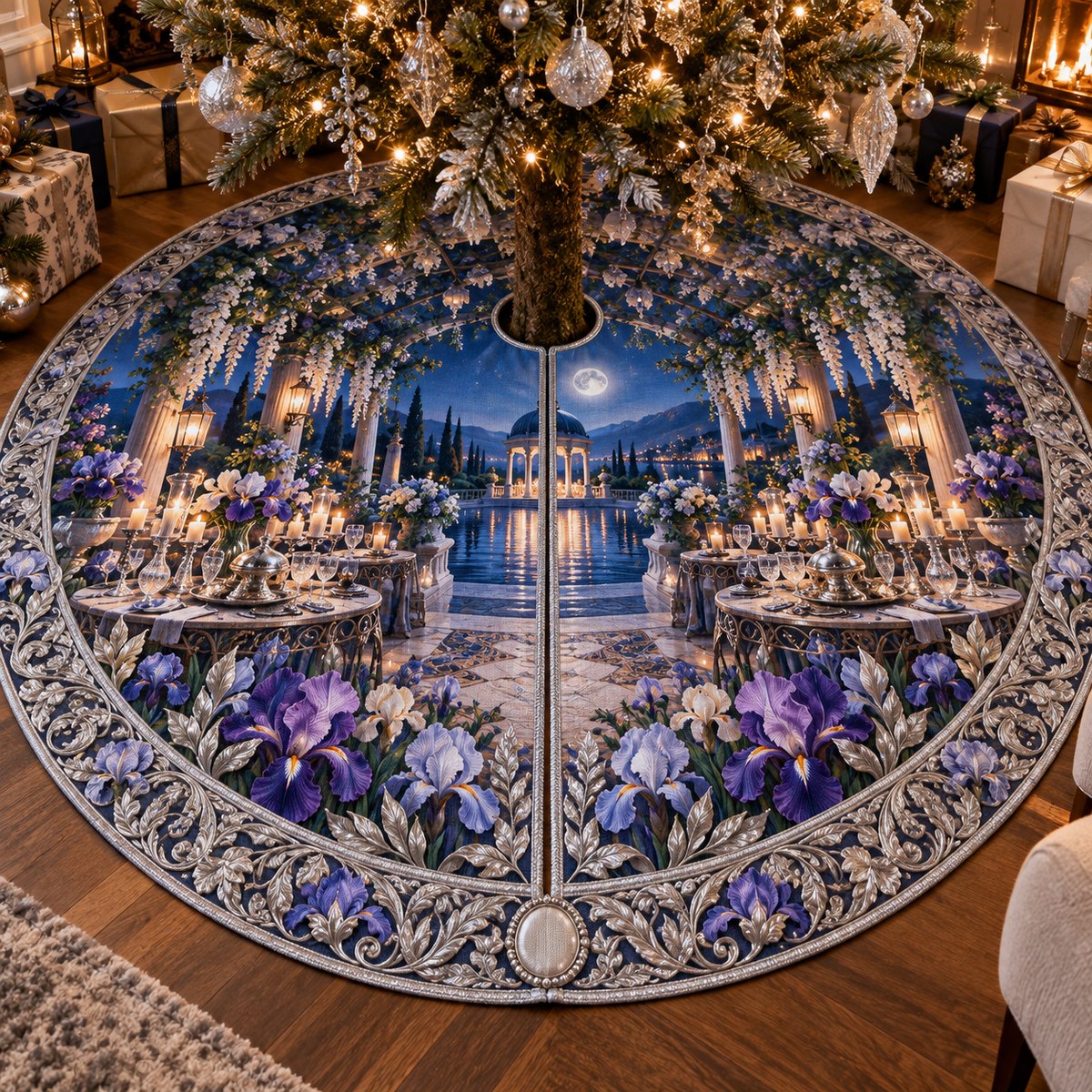 One tree skirt with a continuous Iris Silverleaf Supper Terrace, violet and pearl blooms, silver trellises, serving trays, candlelit tables and a moonlit lakeside pavilion.