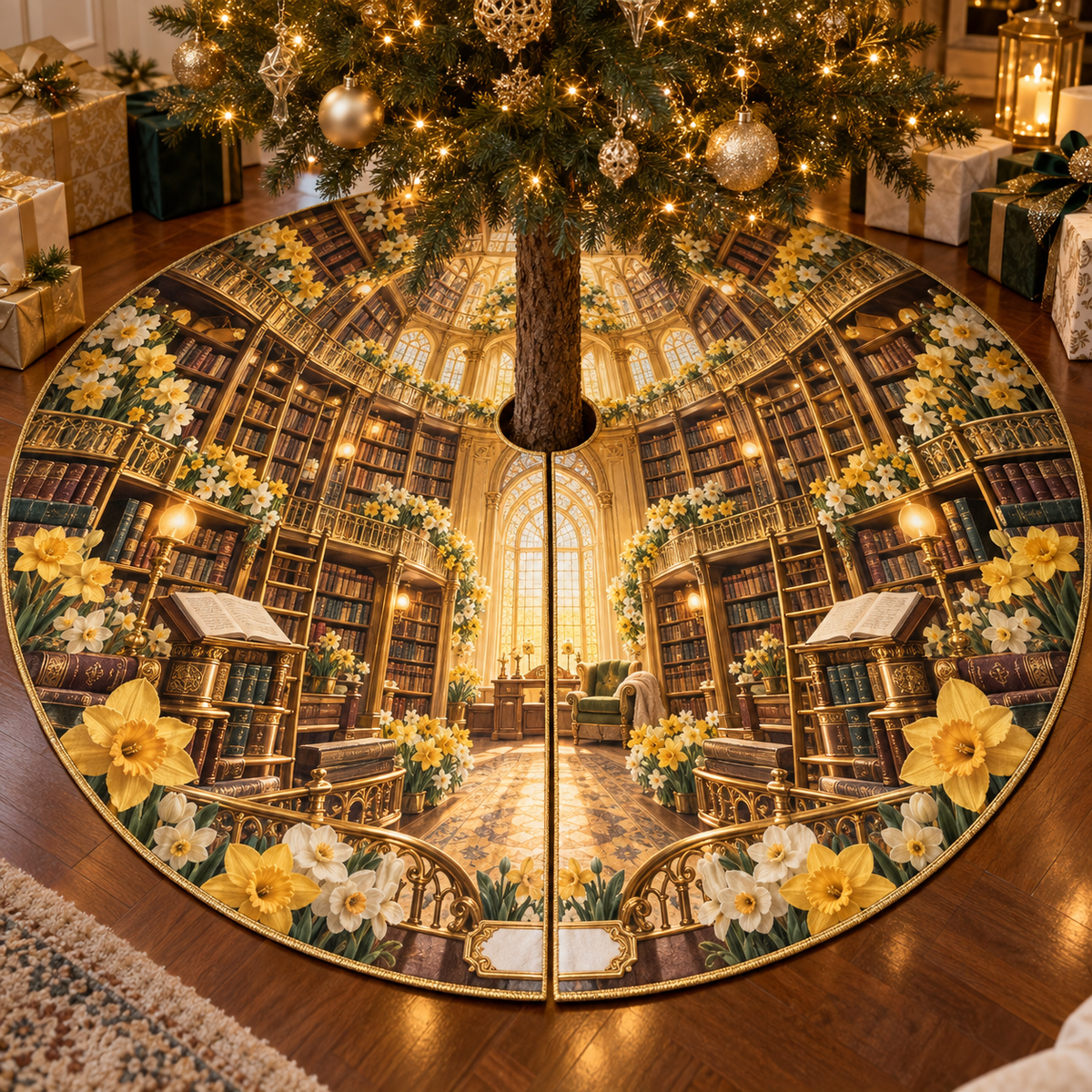 One tree skirt with a continuous Daffodil Golden Chapter Loft, golden daffodils, cream jonquils, leather-bound books, folio bridges, brass ladders and amber library arches.