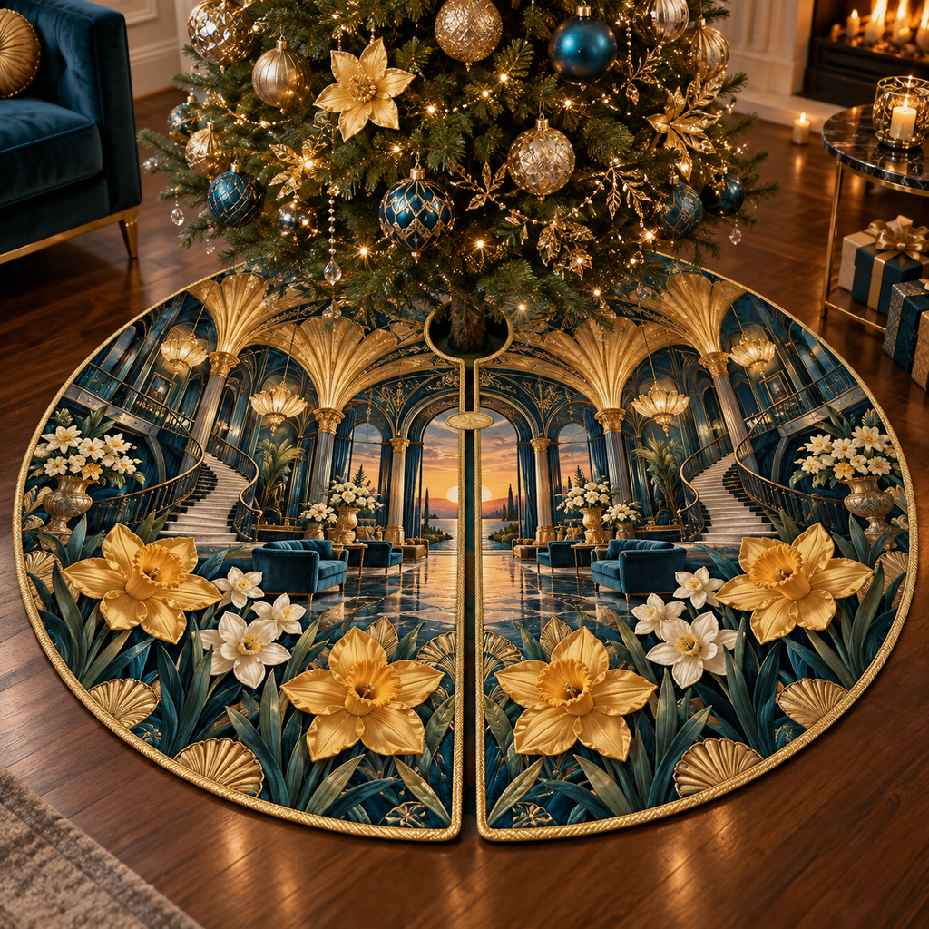 One tree skirt with a continuous Daffodil Azure Crown Salon, golden daffodils, cream jonquils, sapphire arches, mirrored stairs and a sunset gallery.