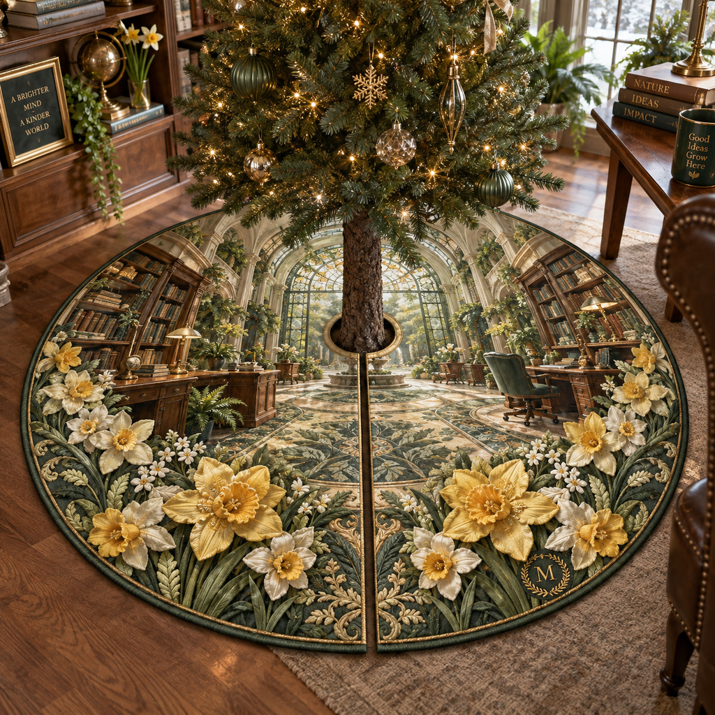 One tree skirt with a continuous Daffodil Sageglass Executive Atrium, golden daffodils, sage shelves, walnut desk, brass lamps and sunlit garden depth.