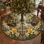 One tree skirt with a continuous Daffodil Sageglass Executive Atrium, golden daffodils, sage shelves, walnut desk, brass lamps and sunlit garden depth.