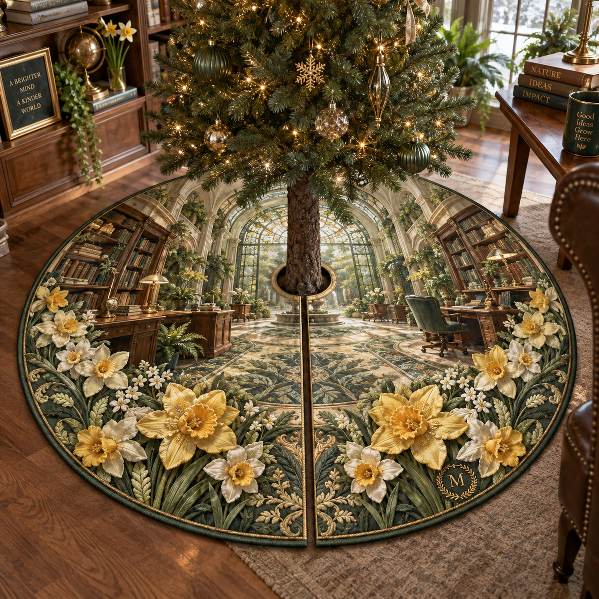 One tree skirt with a continuous Daffodil Sageglass Executive Atrium, golden daffodils, sage shelves, walnut desk, brass lamps and sunlit garden depth.