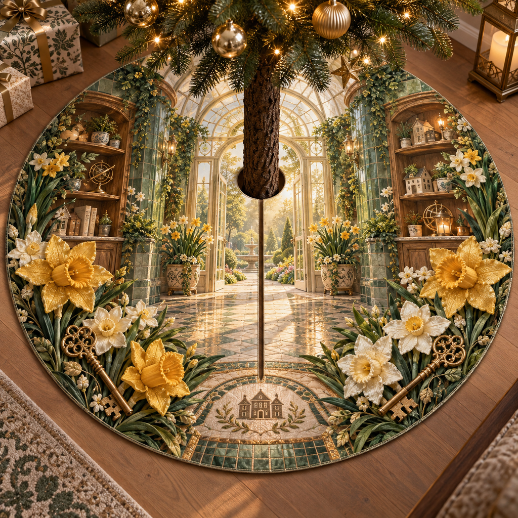 One tree skirt with a continuous Daffodil Hearthkey Conservatory, golden daffodils, brass keys, sage tile, oak foyer and sunlit new-home depth.