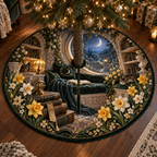 One tree skirt with a continuous Daffodil Moonwell Reading Alcove, golden flowers, moss velvet, aged books, amber lamp and moonlit garden depth.