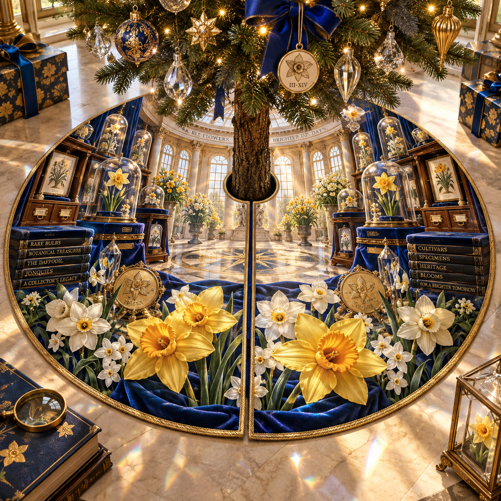 One tree skirt with a continuous Daffodil Aurelia Curio Gallery, golden flowers, cobalt velvet, crystal vitrines, brass frames and luminous rotunda depth.