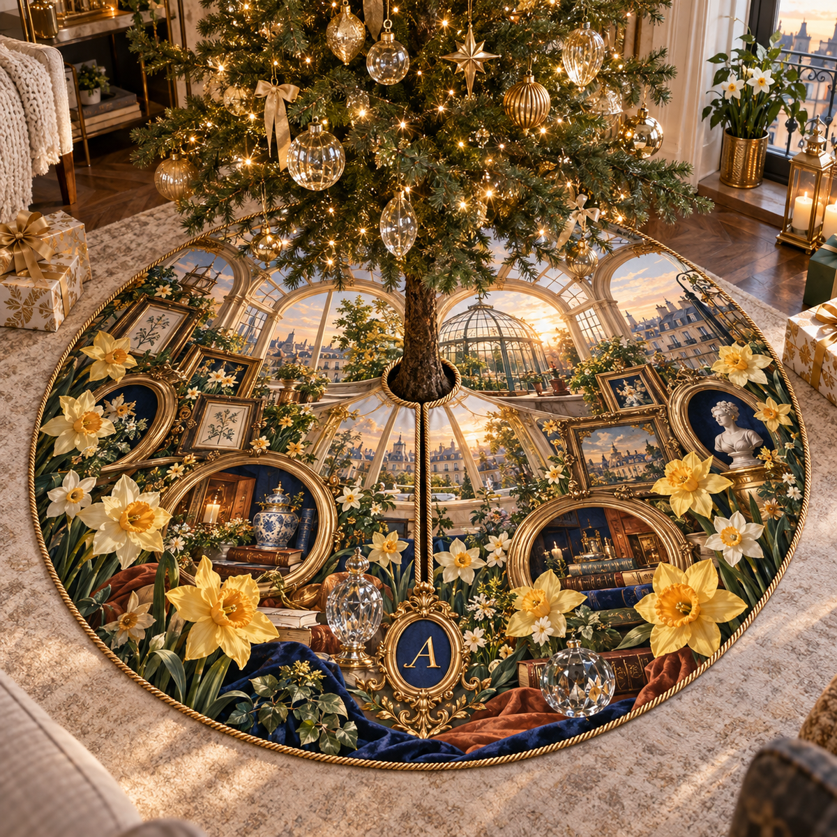 One tree skirt with a continuous Daffodil Lumenframe Apartment Salon, golden flowers, mixed brass frames, terracotta alcoves and sunlit apartment depth.