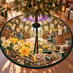 One tree skirt with a continuous Daffodil Makerlight Atelier, golden flowers, copper tools, peacock-teal workstations and sunlit atelier depth.