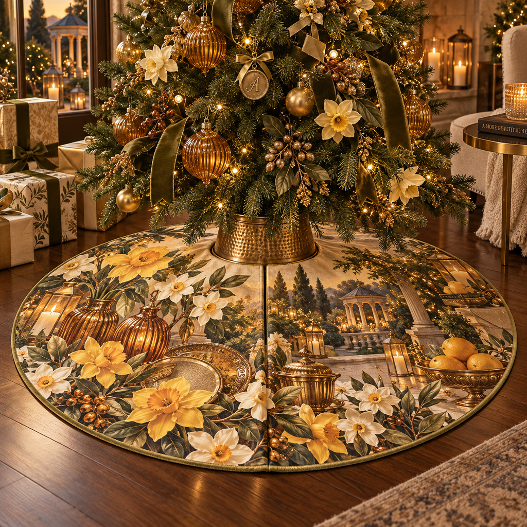 One tree skirt with a continuous Daffodil Amberglass Welcome Supper, golden flowers, amber glass, brass accents and candlelit garden depth.